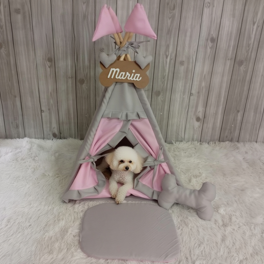 Cabana Cachorro Gato Plaquinha Personalizada Com Almofada de Ossinho Plaquinha Personalizada Cinza/Rosa Lavável