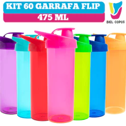 Kit 60 Garrafa Flip Flop 475 mL várias cores - Garrafa de água- Garrafa pra academia