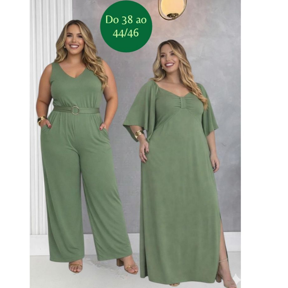 Macacão  Elegante Pantalona Com Cinto De Fivela Dourada No Suplex E Vestido Com Manga Tamanhos Ate 46 em Oferta na Shopee