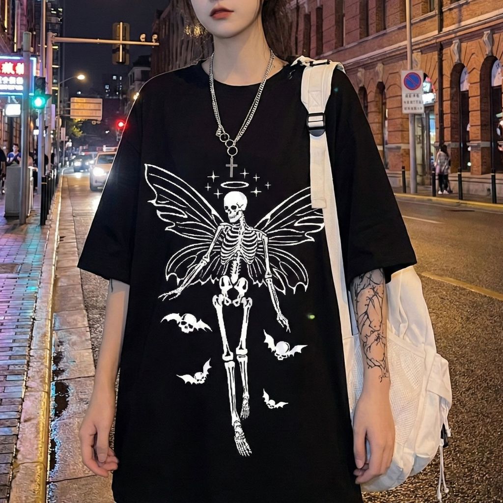 Camiseta Feminina Blusao Oversized Skull Fairy  T-shirt Estilo Grunge, Alt & Streetwearr Core