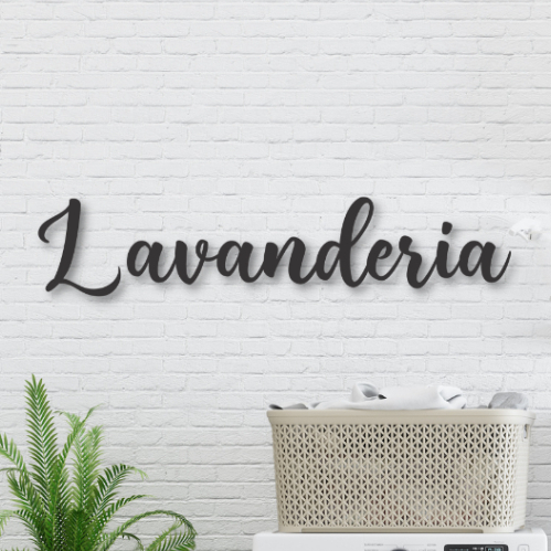 Placa Quadro Decorativo Lettering Lavanderia Área de Serviço Máquina de Lavar Roupas Madeira MDF Preto Fosco