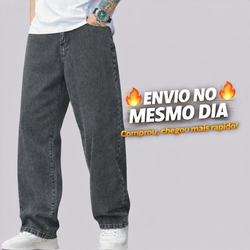 Calça Balão Jeans Masculina Grafite 100% Algodão Grosso Boca Larga Bag Streetwear Urbana Casual Moda Atual Tendência