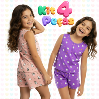Kit Pijama Infantil Feminino Estampado 4 Peças Menina | Regata + Short em Suede | Confortável e Macio em Oferta na Shopee