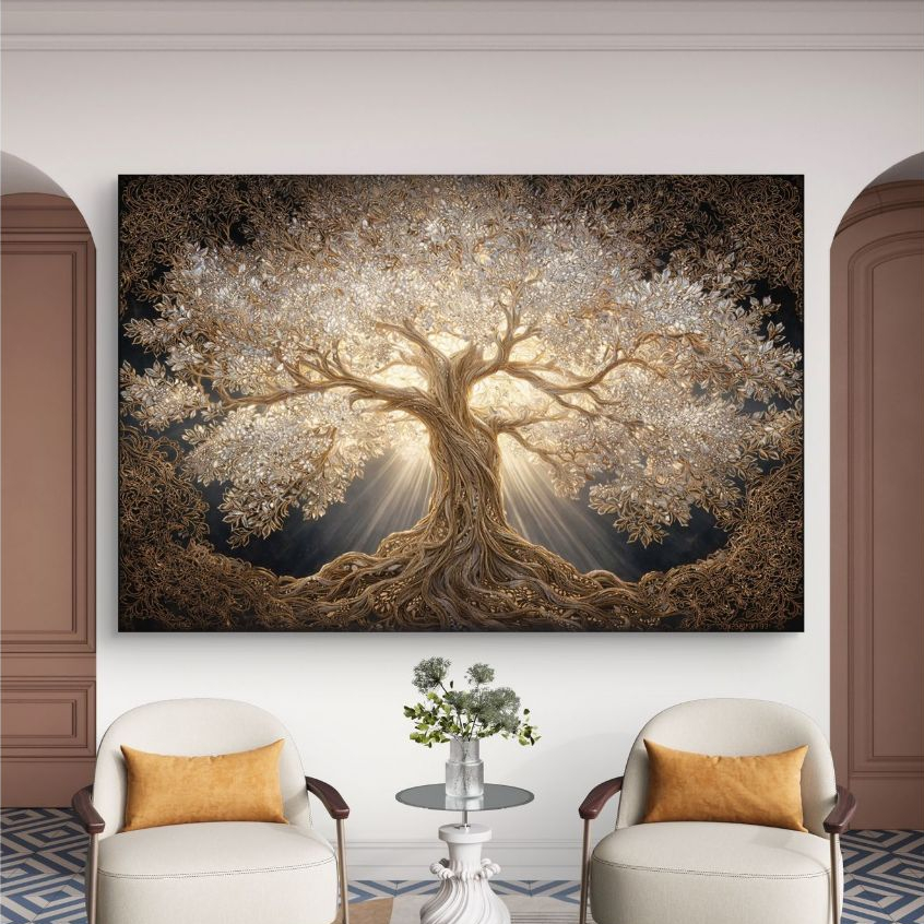 Imagem Quadro Decorativo Árvore Da Vida Dourada MDF 110x70 Arte Luxo Espiritual Para Sala Quarto Escritório