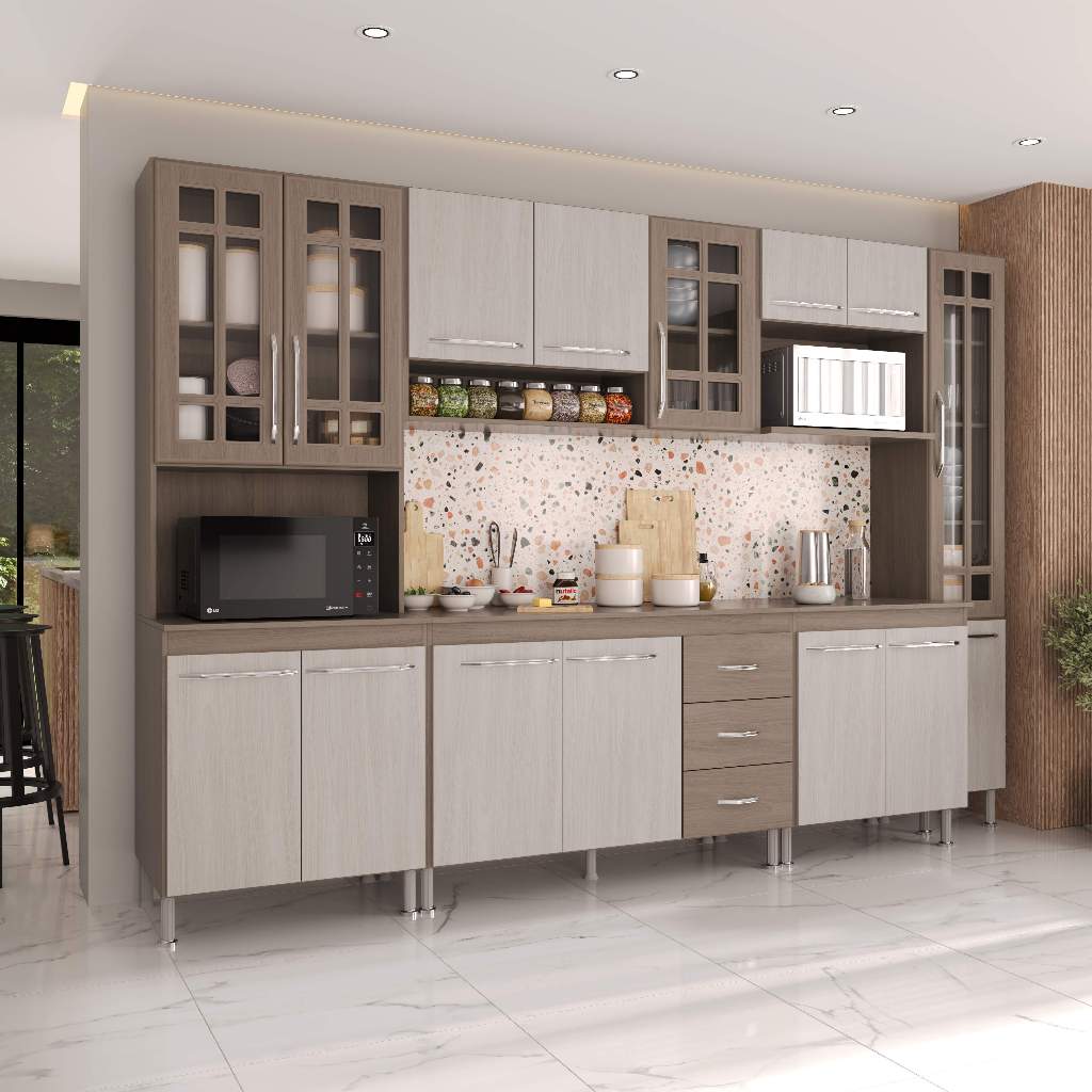 Armário de Cozinha Modulada Completa Fidelitá Paris 6 Peças 295cm 15 Portas 3 Gavetas Com Tampo Nogal/Salinas em Oferta na Shopee