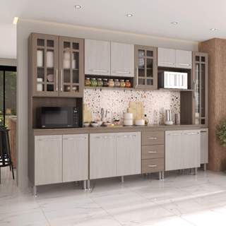 Armário de Cozinha Modulada Completa Fidelitá Paris 6 Peças 295cm 15 Portas 3 Gavetas Com Tampo Nogal/Salinas em Oferta na Shopee