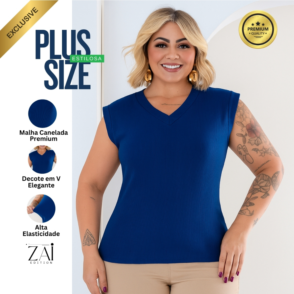Blusa Plus Size Canelada Premium Básia Leve Confortável Fresquinha Casual Dia a Dia Versátil