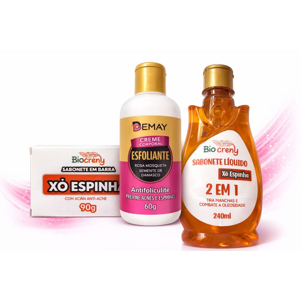 Kit Antiacne Xô Espinha Biocreny com 3 Produtos Sabonete Barra+ Creme Secativo+ LiquidoTira  Manchas
