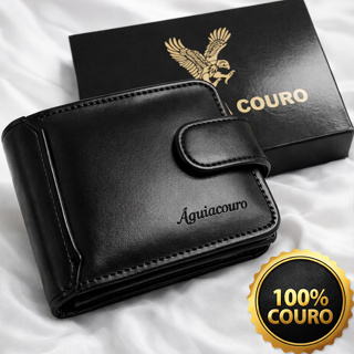 Carteira Masculina Couro Legítimo com Zíper, Porta-Cartões, Documentos e Caixa Presenteável em Oferta na Shopee