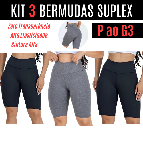 Kit C/ 3 Bermudas Feminina Academia Suplex Shorts Legging Ciclista Plus Size Corrida Ginastica Não Embola Cintura Alta