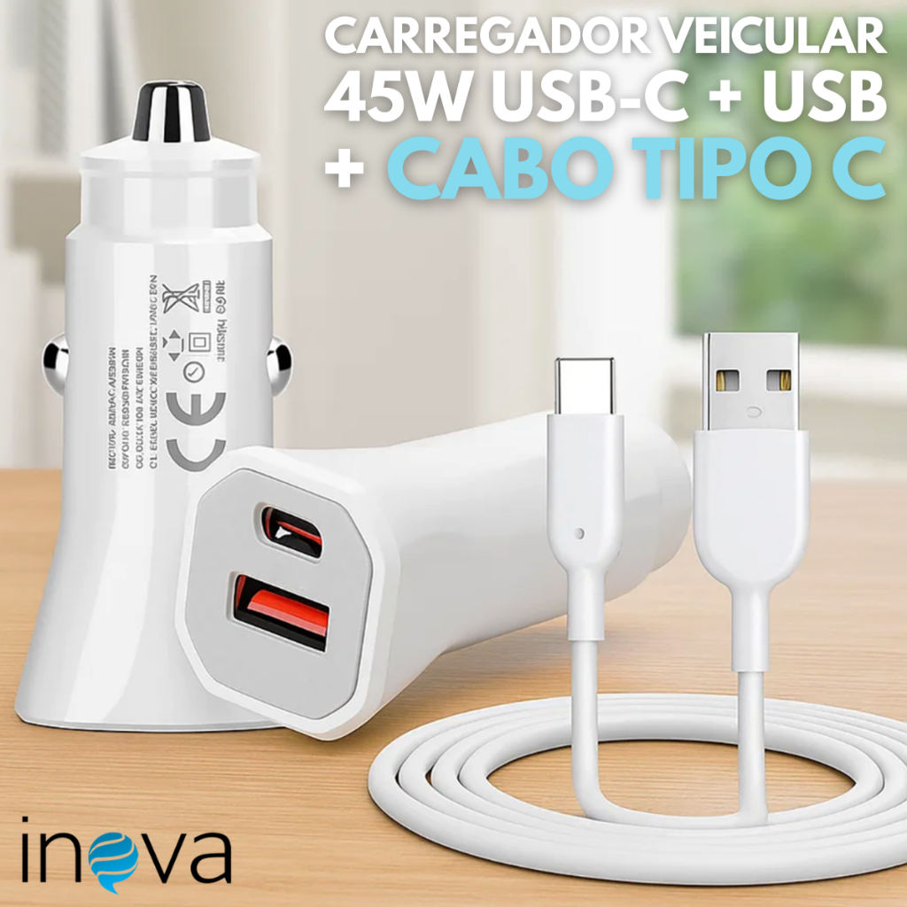 Carregador Carro Duplo USB-C 45W Rápido Veicular Original Inova
