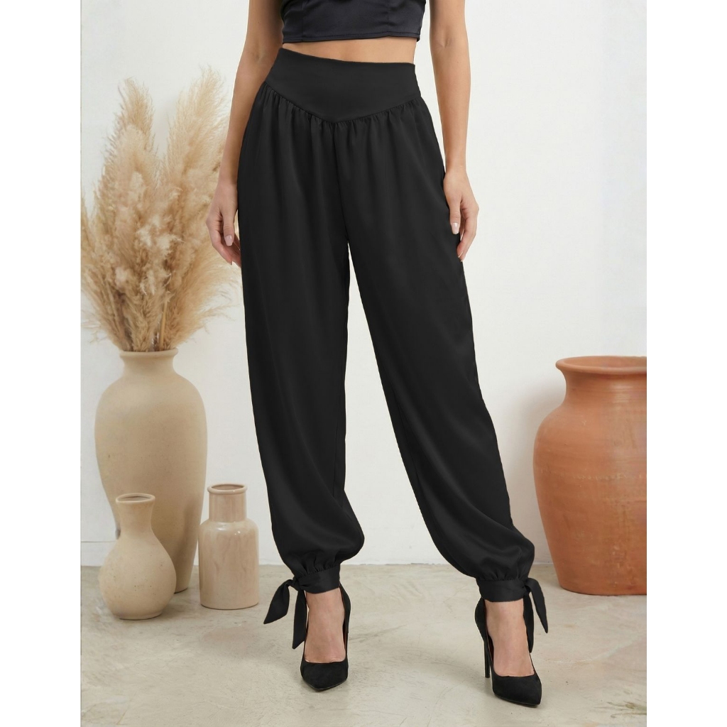 Calça Aladim Feminina Pantalona Chiffon Cetim Amarração Bolsos Elegante inverno