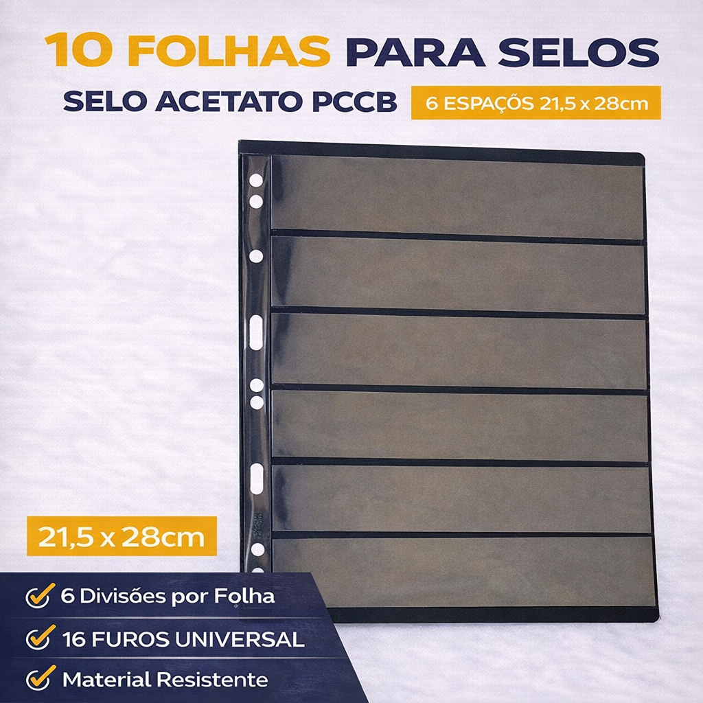 10 Folhas Para Selos Selo Acetato Pccb 6 Divisões 21,5x28cm em Oferta na Shopee