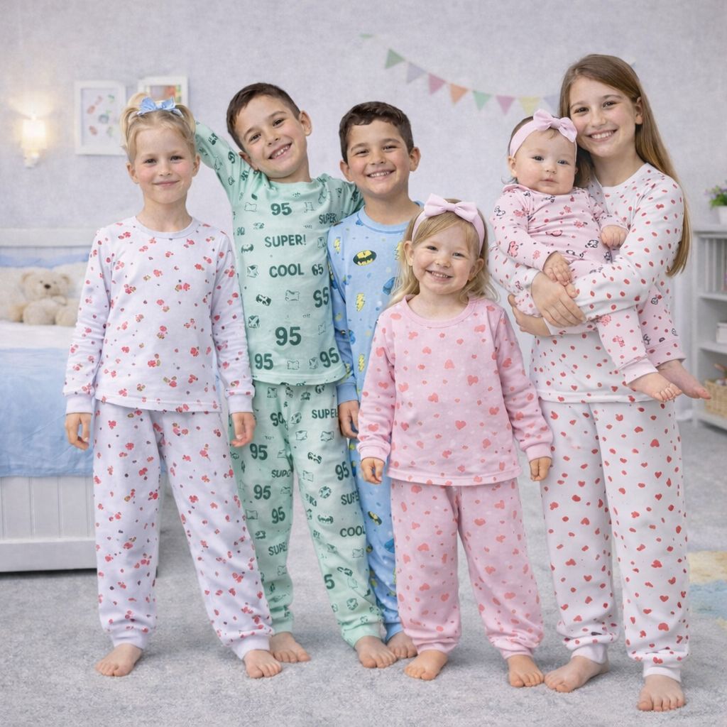 Kits com 1,2,3 Pijama Infantil RN ao 12 anos Masculino e Feminino Manga Longa, 100% Algodão