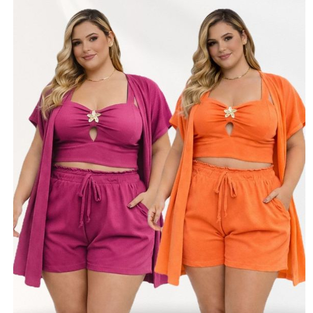 Conjuto Plus Size 3 Peças Feminino Cropped decotado Short e Quimono Tam Único 46 ao 52