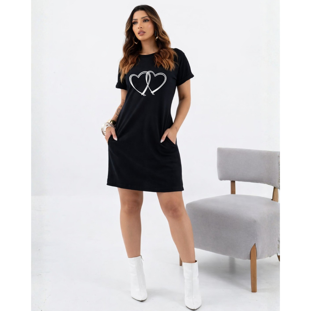 Vestido Feminino Curto Malha Algodão Camisetão Básico Casual Malha de Algodão com Elastano Premium Desenho Coração