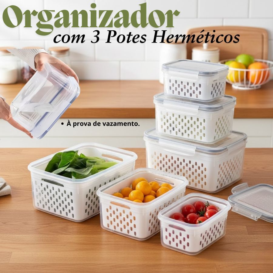 Organizador com 3 Potes Herméticos para Geladeira de Frutas e Alimentos com Cesto e Tampa em Oferta na Shopee