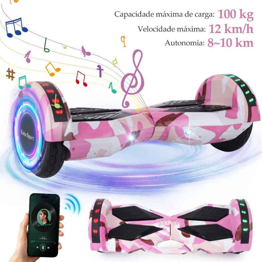 Hoverboard Baka Sport Skate Elétrico 12km/h 8.0 Bluetooth Som Led Rosa