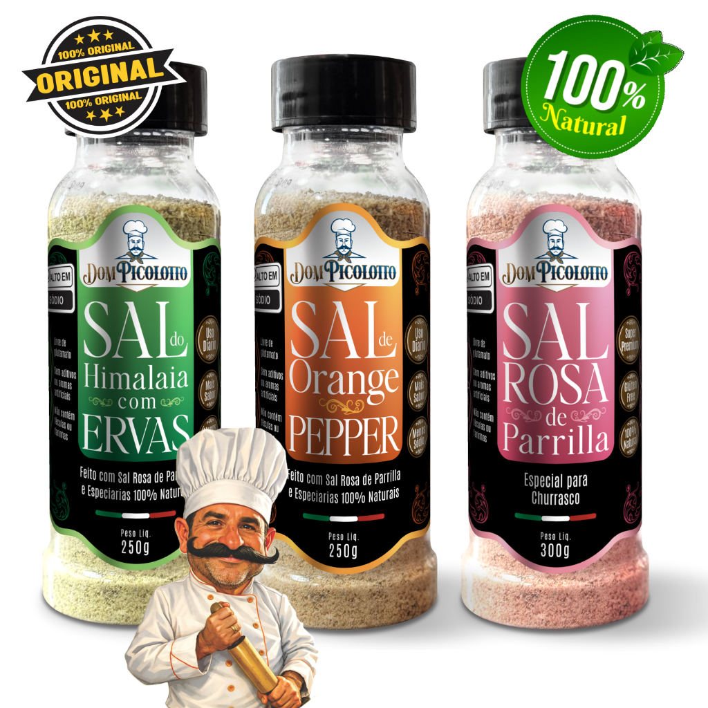 Combo Sais Tempero Cozinha: Sal do Himalaia com Ervas + Sal de Orange Peper + Sal Rosa de Parrilla | Dom Picolotto em Oferta na Shopee