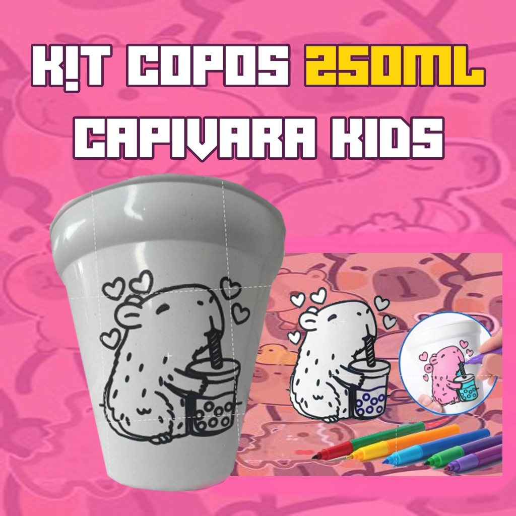 Kit de 10 a 50 Copos para Colorir Capivara Fofa – Festa Infantil e Lembrancinhas, Aniversário Kids🧋