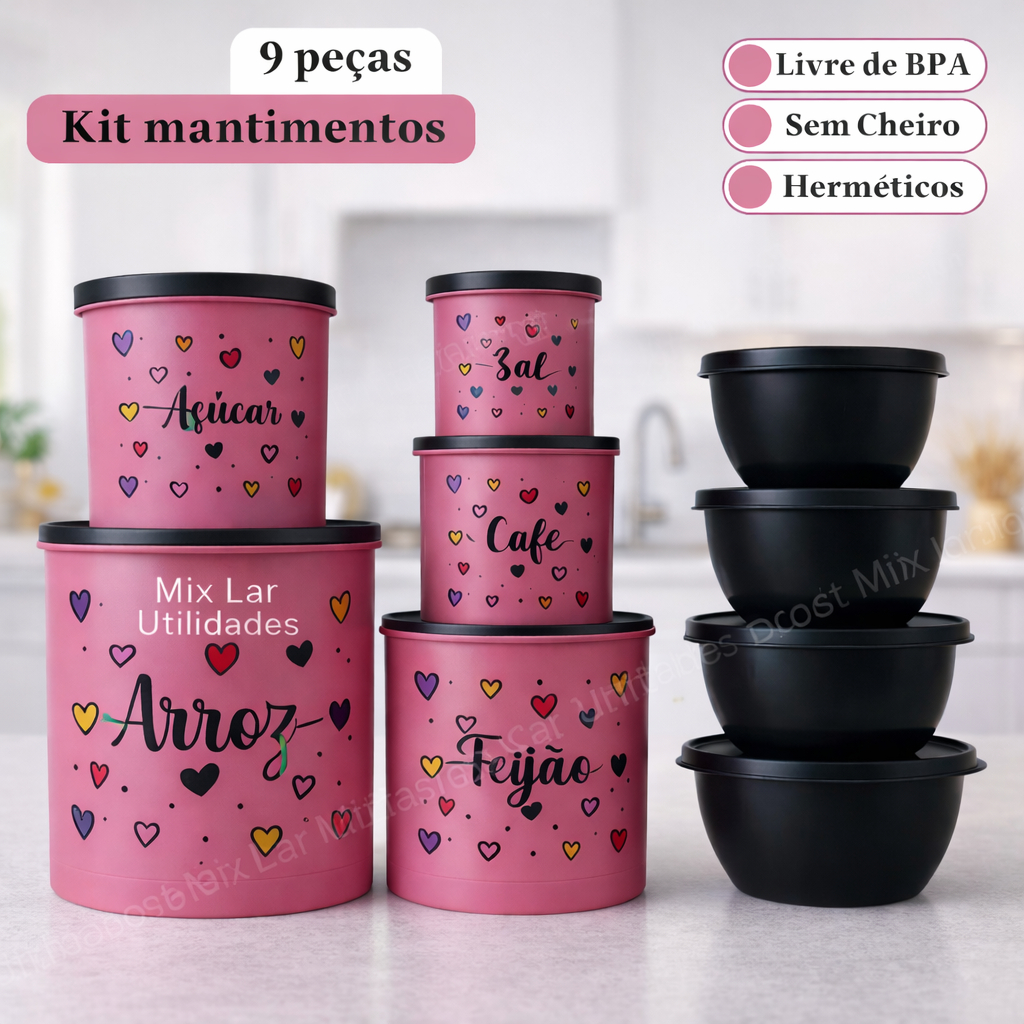 Kit com 9 potes de mantimentos para cozinha de plástico decorado