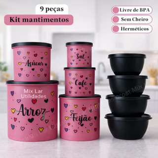 Kit com 9 potes de mantimentos para cozinha de plástico decorado em Oferta na Shopee