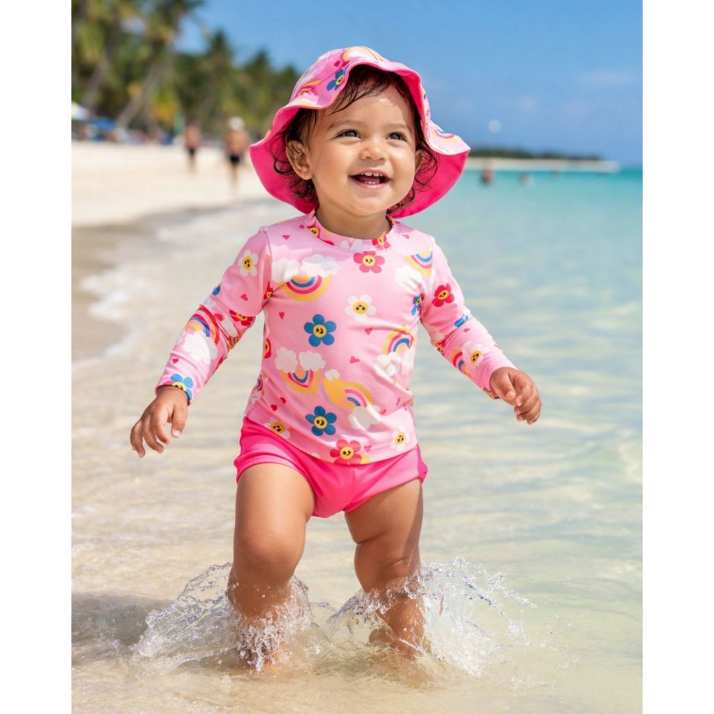 Kit Praia Bebê Infantil 3 Peças com Proteção Solar UV50+ Manga Longa Tapa Fralda Chapéu