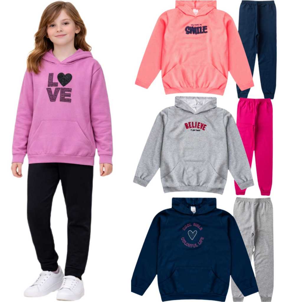 Conjunto Feminino/Menina 2 peças Juvenil moletom 1 blusão com capuz bolso canguru, 1 calça de moletom