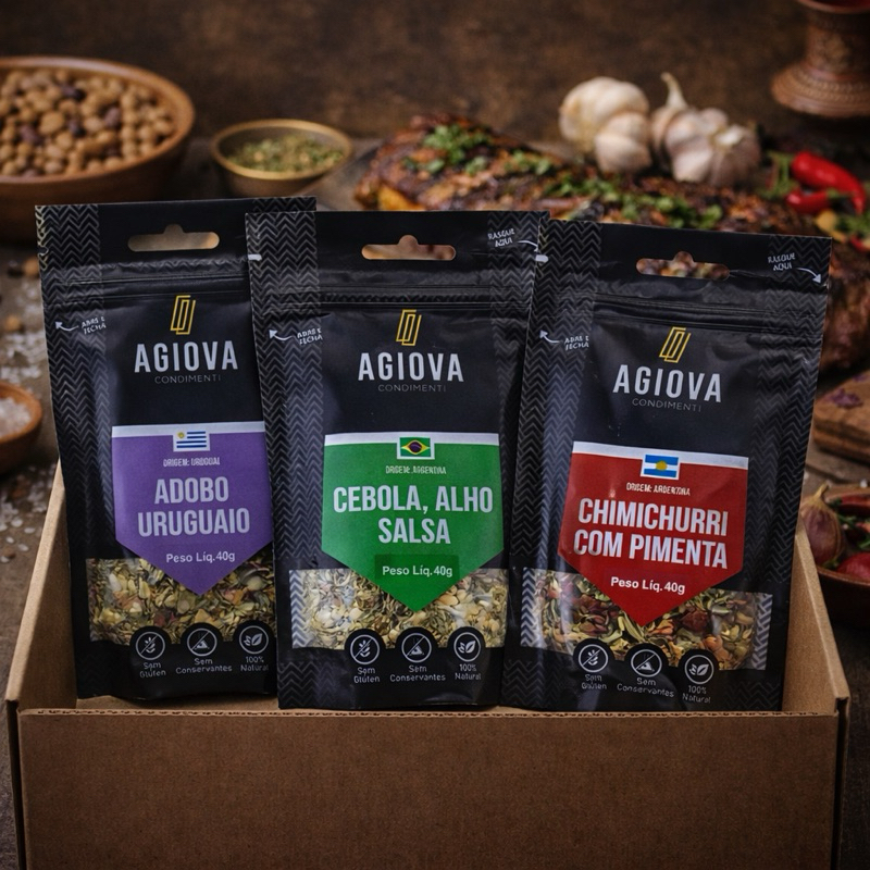 Kit temperos- Adobo Uruguaio/ Cebola, Alho e Salsa/ Chimichurri com Pimenta (100% Natural)