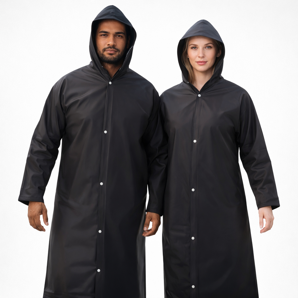 Capa de Chuva Impermeável Preta PVC Grossa Forrada Com Capuz CA Luxo Reforçada Resistente Prova Água