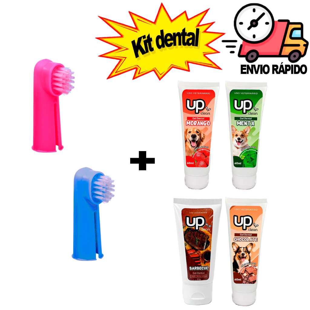 Kit bucal Pet Com 1 Escovas + Creme Dental Pasta de Dente Cachorro Gato Escova de Dentes Pet