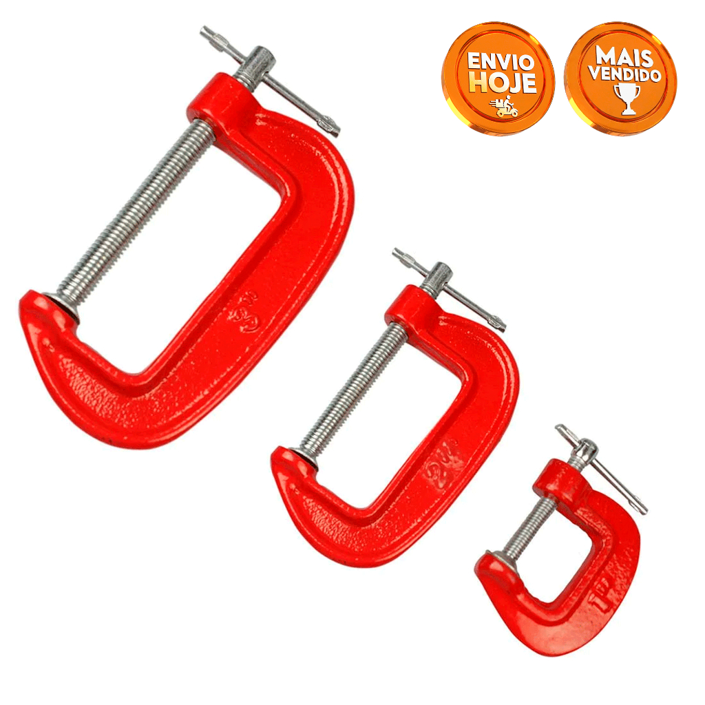 Kit 3 Grampos Sargento Tipo C Reforçado Marcenaria e Oficina - Ferro Fundido Profissional