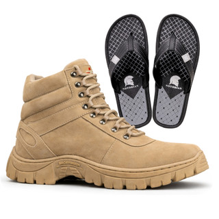 Bota Masculina  Estilo Militar Couro Areia Palmilha Confortável + Chinelo Notorian