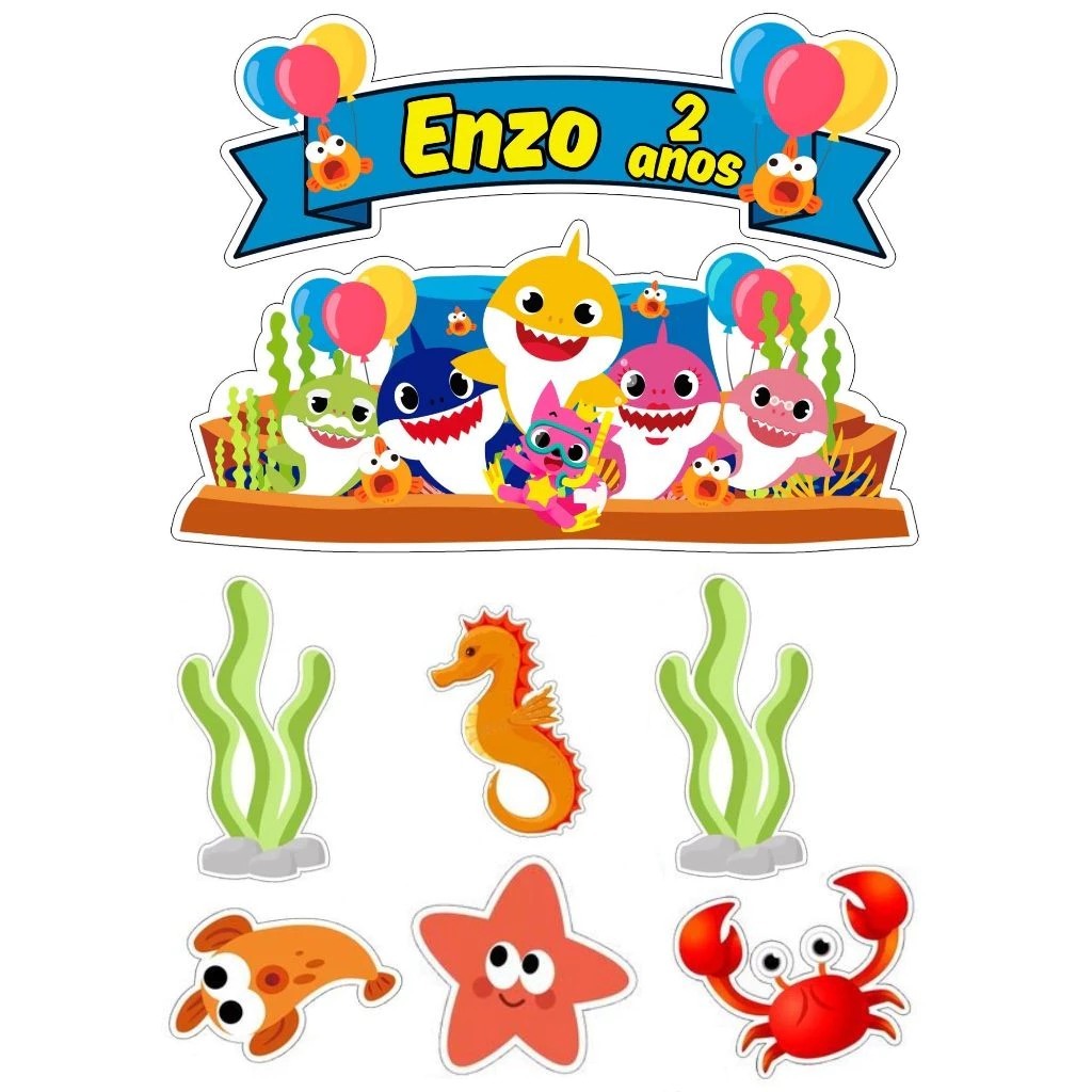 Topo Topper De Bolo Baby Shark Personalizado Aniversário Mesversário