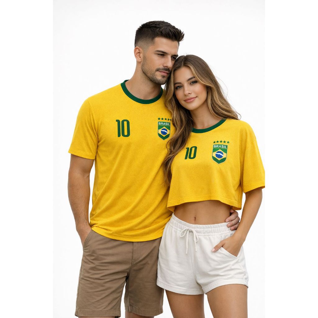 Kit Casal Brasil Camiseta Masculina + Cropped Feminino 100% Algodão Copa do Mundo Look Torcedor Presente Namorados Amare