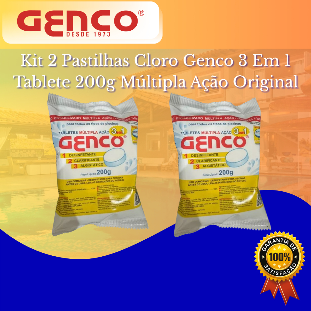 Kit 2 Pastilhas Cloro Genco 3 Em 1 Tablete 200g Múltipla Ação Original em Oferta na Shopee