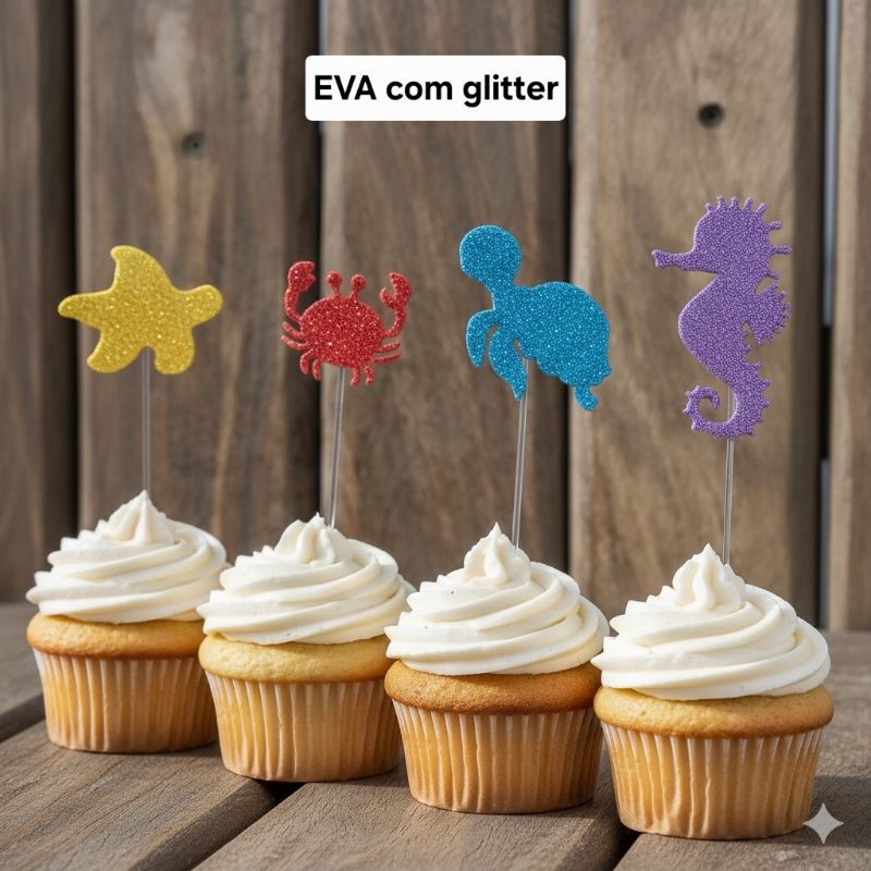 40 ou 80 toppers docinhos fundo do mar EVA glitter. Cores/desenhos sortidos p/ bolo/doce/cupcake