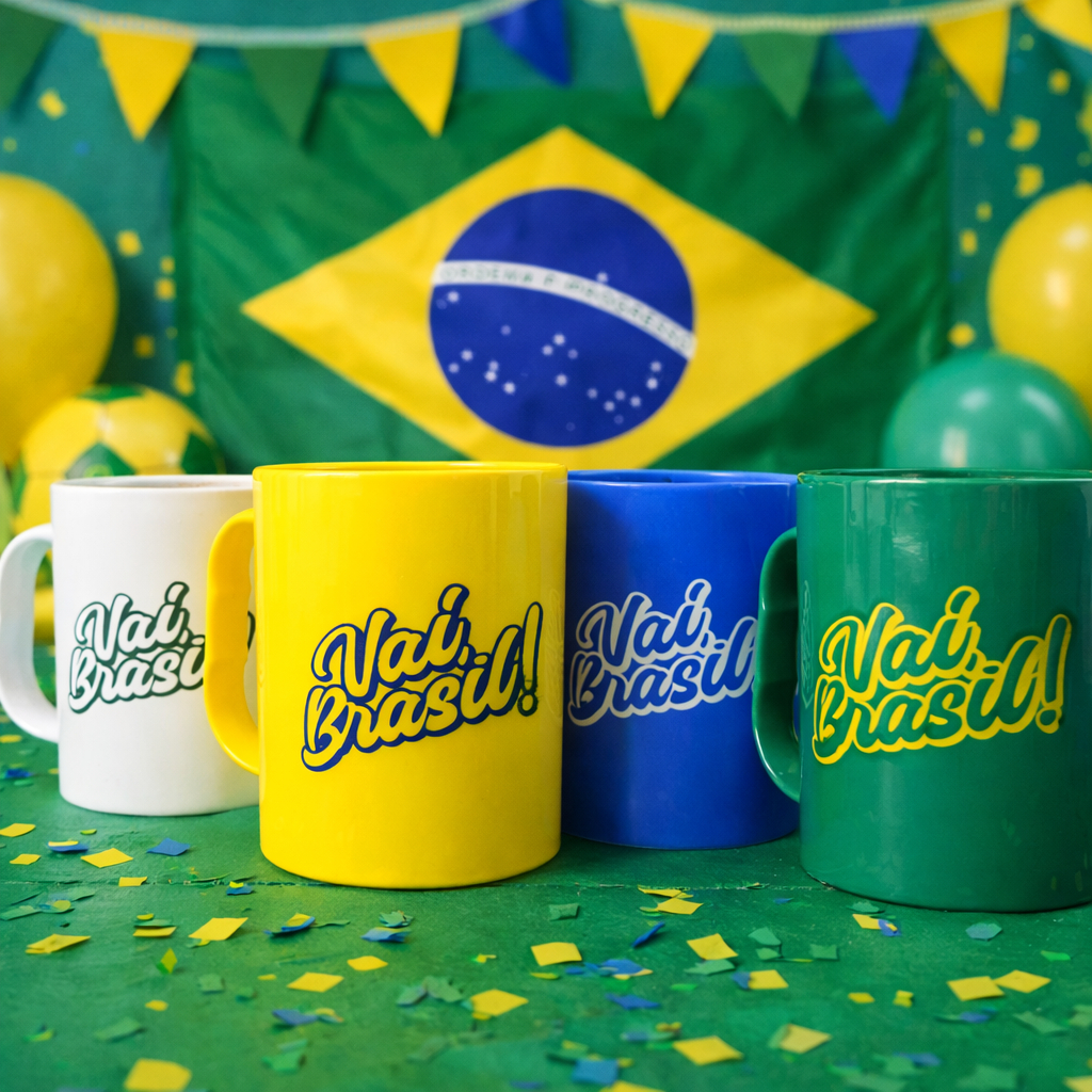 Kit 04 Canecas Coloridas VAI BRASIL! 400ml Plástico - seleção brasileira, copa do mundo