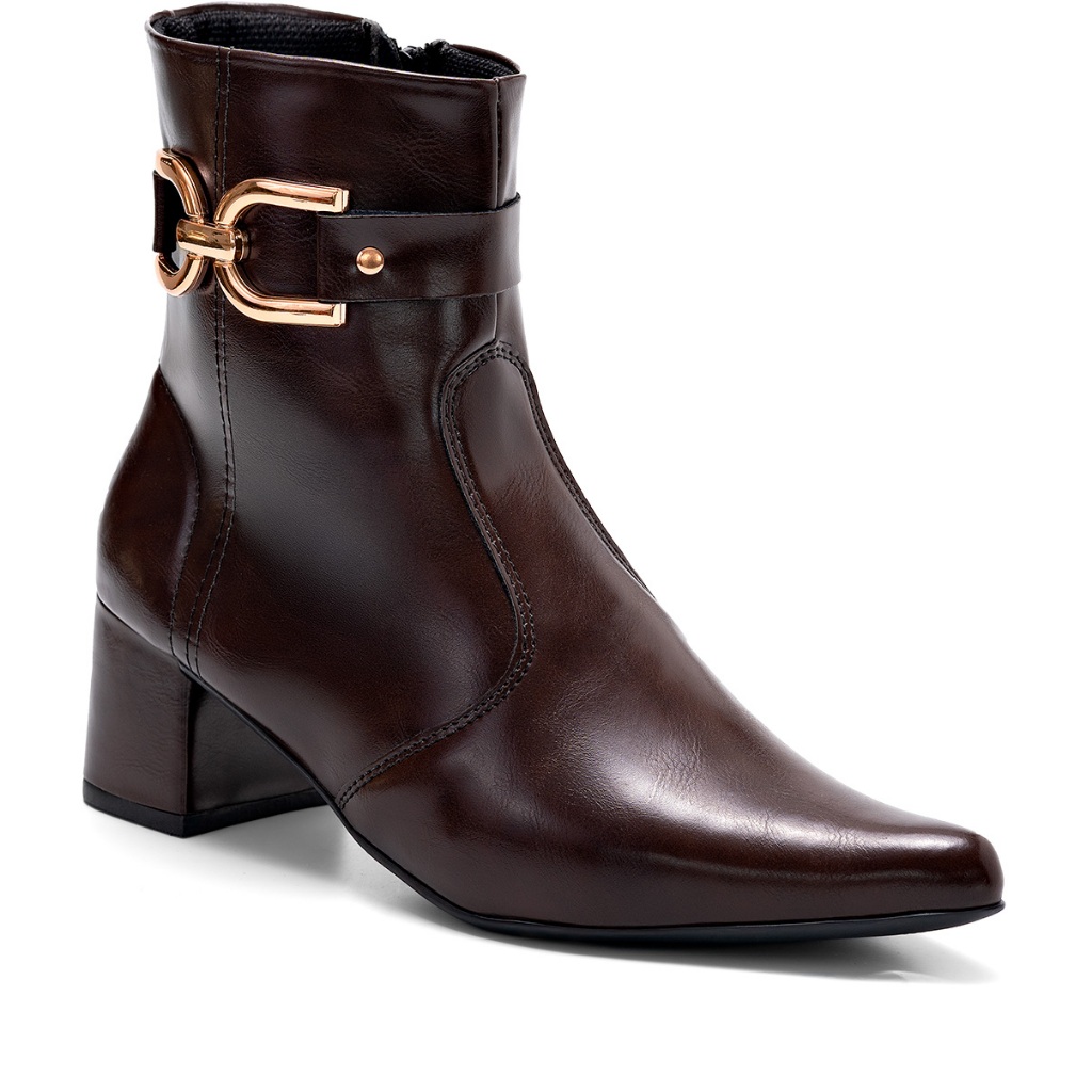 Bota Feminina Lumiss Bico Fino Salto Médio Bloco Cano Curto Fivela Dourada em Oferta na Shopee