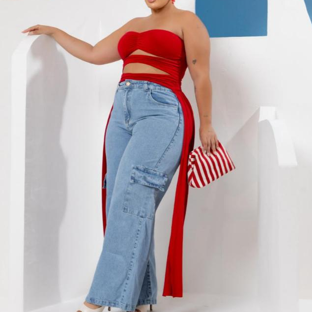 Calça Jeans Feminina Wide Leg Cargo Plus Size Clara em Oferta na Shopee