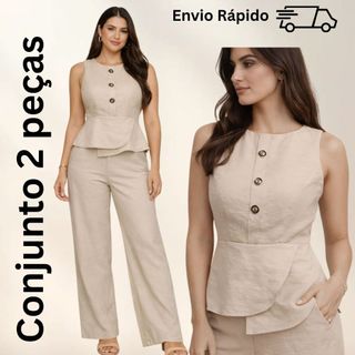CONJUNTO FEMININO ELEGANTE CHIC CALÇA PANTALONA+COLETE ACINTURADO COM ZÍPER MODELAGEM AJU…