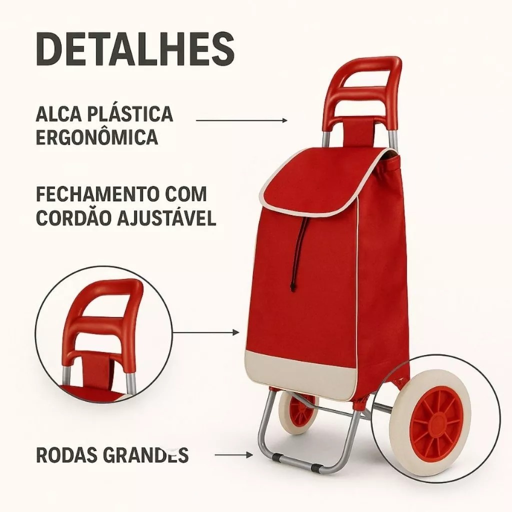 Carrinho De Compra Feira Supermercado Compras Dobrável Com 2 Rodas Reforçado Até 30 Kg Com Bolsa E Rodas Grandes