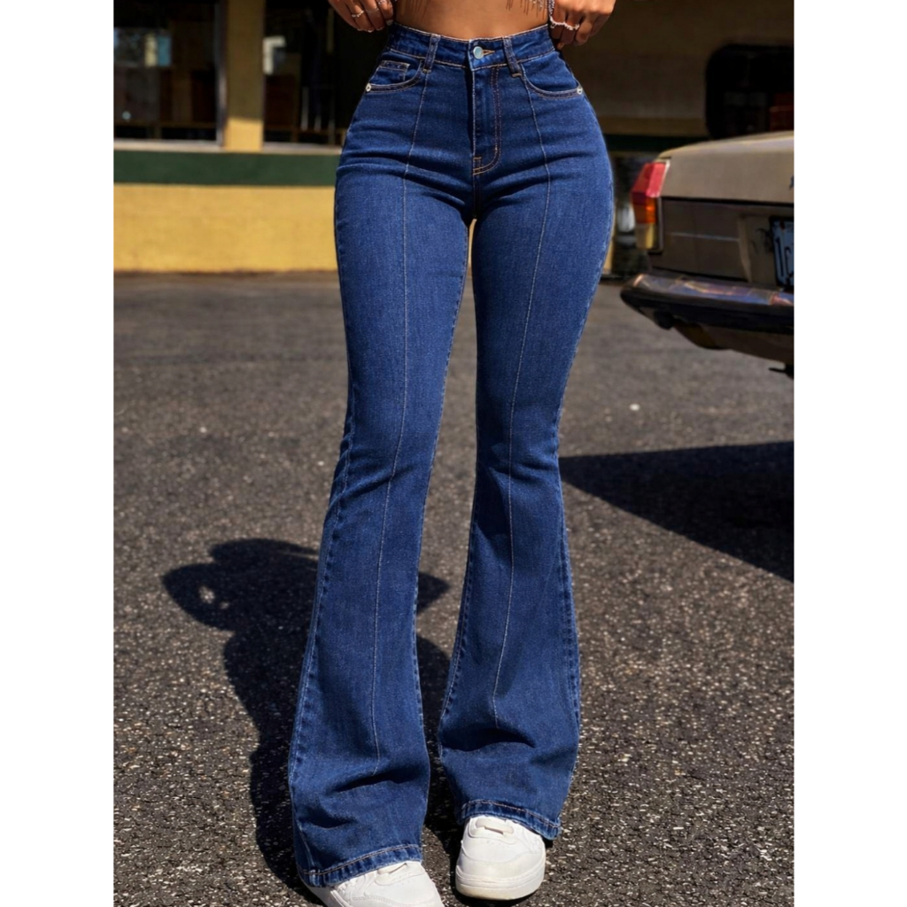 Calça Flare Feminina Jeans Cintura Alta Costura Frontal Modeladora Elastano Premium em Oferta na Shopee