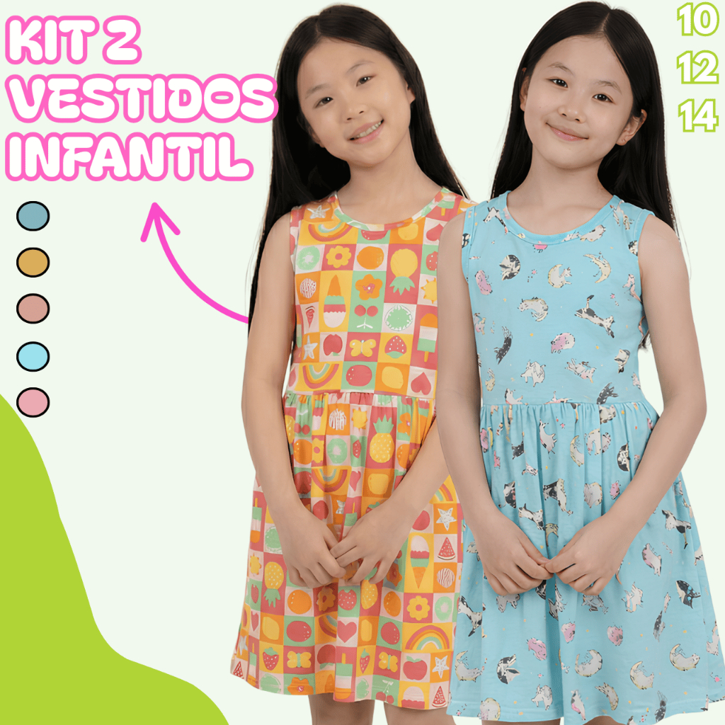 Kit 2 Vestido Infantil Menina Estampados Verão Soltinho Leve Confortável Colorido Festa  Premium Top