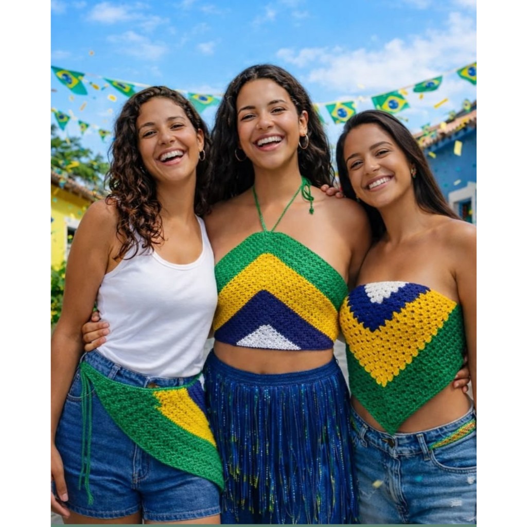 Top Bandana lenço de crochê Brasil copa do mundo 2026
