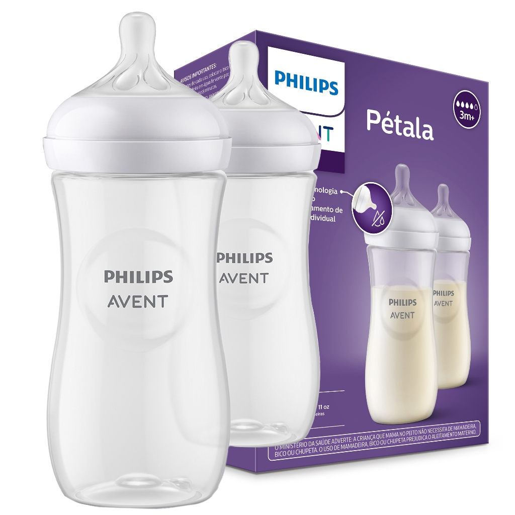 Kit Duplo 2 Mamadeiras Pétala 3.0 Anticólica 330ml Philips Avent Transparente Com Bico N°4 - SCY906/02 Original