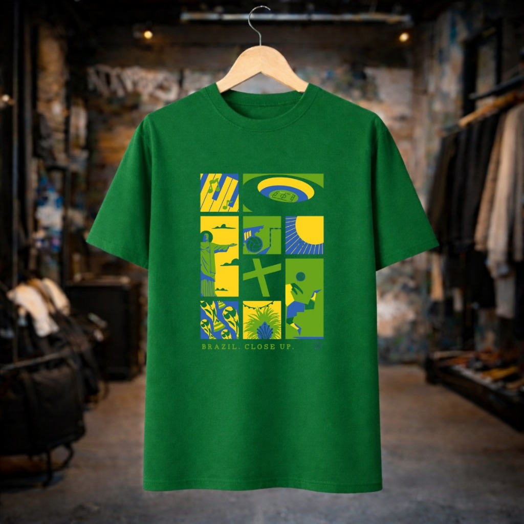 Camiseta Masculina Algodão 100% Estampada Quadros Jogo de Futebol Copa do Mundo Torcida Patriota Brasil, Close Up