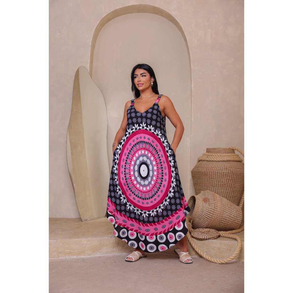 Vestido trapézio indiano estampado