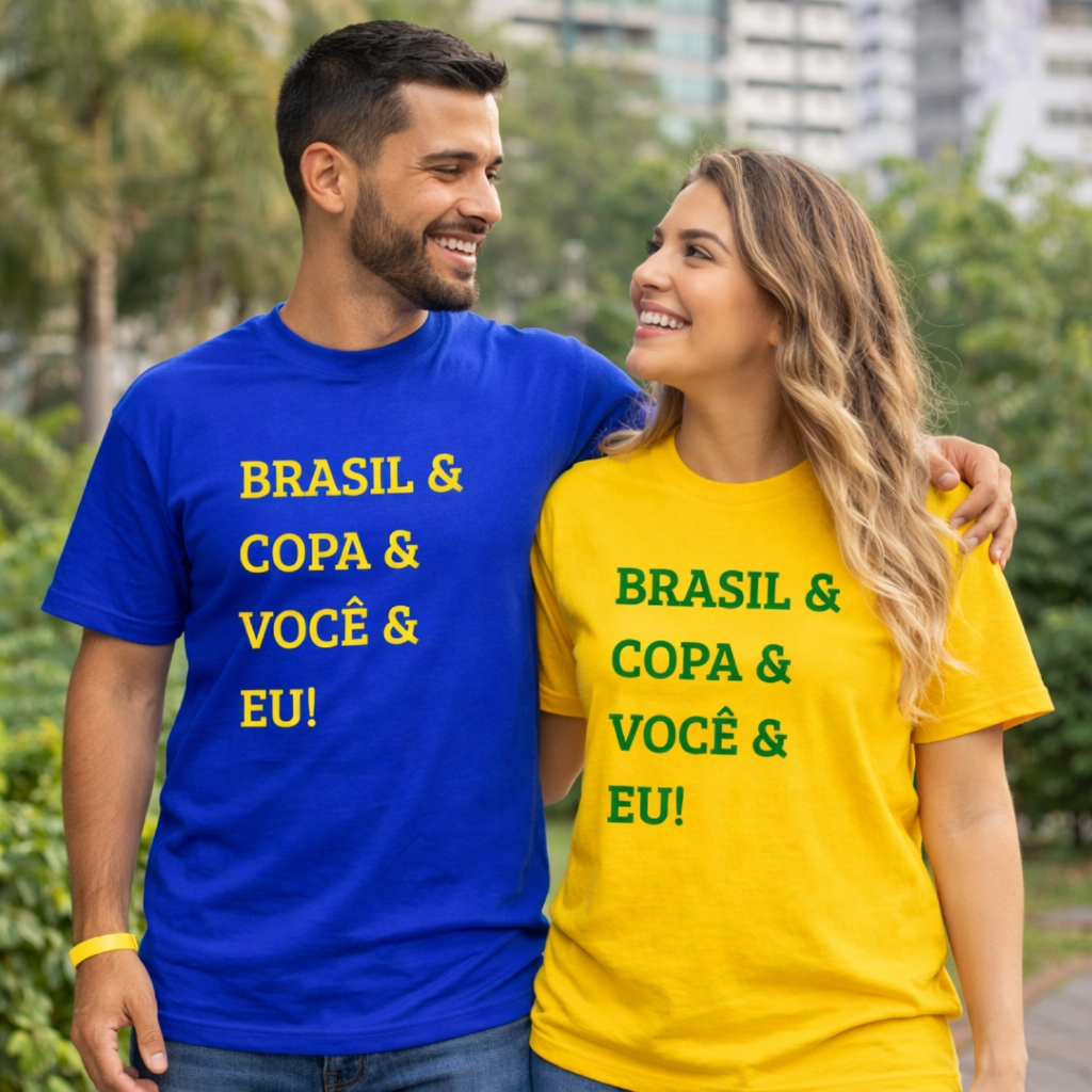 KIT Casal 2 Blusas Brasil Modo Torcedor Copa do Mundo Frase Estampada Brasil & Copa & Você & Eu - Camiseta 100% Algodão