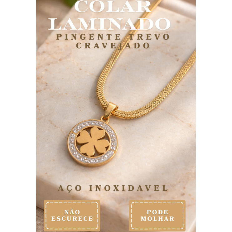 Colar Trevo 4 Folhas da Sorte Feminino em Aço Inox Premium Dourado com Zircônias – Não Escurece em Oferta na Shopee